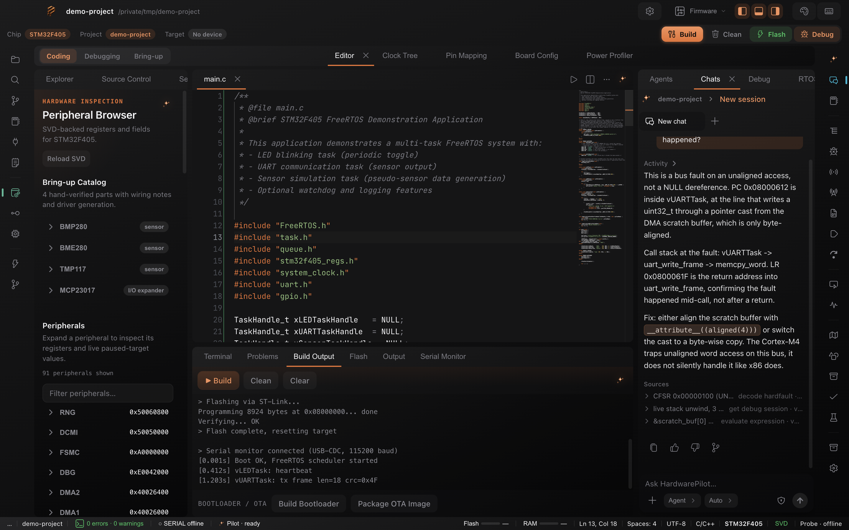 Prescaler IDE showing the editor, live register view, and HardwarePilot
